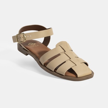  Kadın Bej Ayarlanabilir Tokalı Deri Sandalet