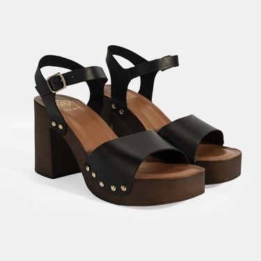  Kadın Siyah Ayarlanabilir Tokalı Deri Topuklu Sandalet