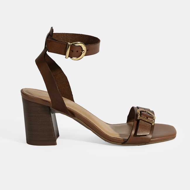  Kadın Taba Ayarlanabilir Tokalı Deri Topuklu Sandalet