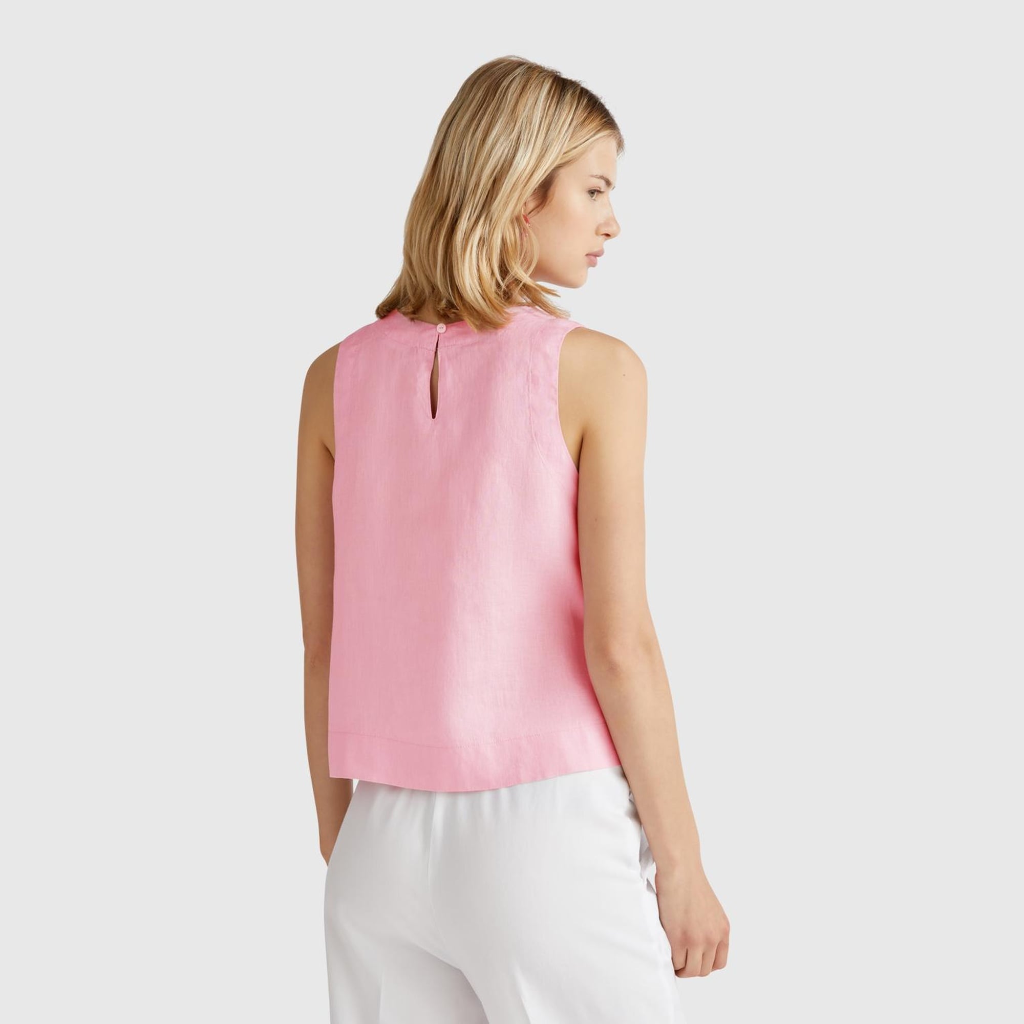 Kadın Pembe %100 Keten Kolsuz Bluz