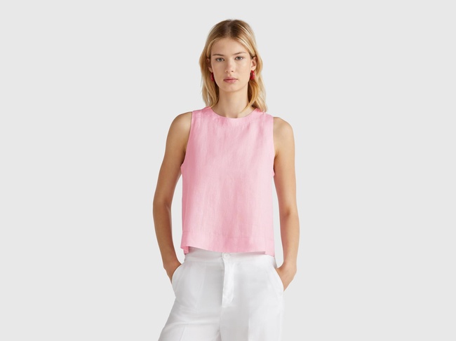  Kadın Pembe %100 Keten Kolsuz Bluz