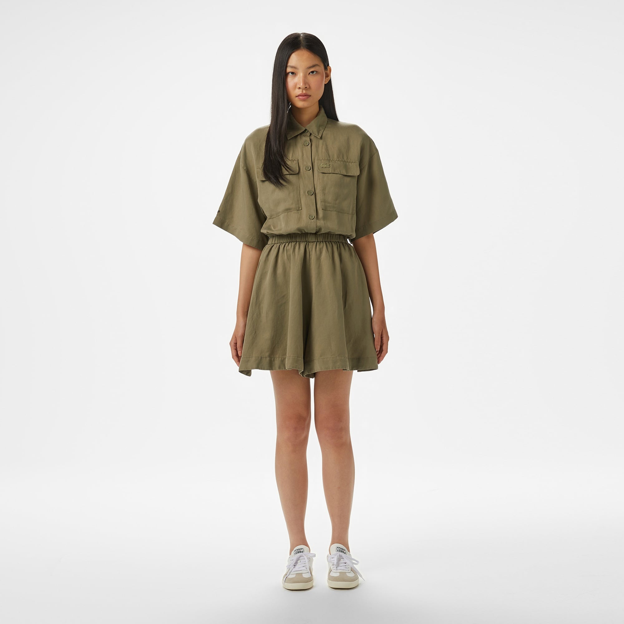 Lacoste Kadın Flare Fit Kısa Kollu Gömlek Yaka Haki Elbise