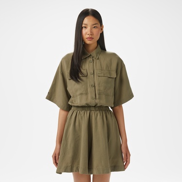  Kadın Flare Fit Kısa Kollu Gömlek Yaka Haki Elbise