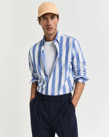  GANT Erkek Mavi  Regular Fit Düğmeli Yaka Çizgili Gömlek
