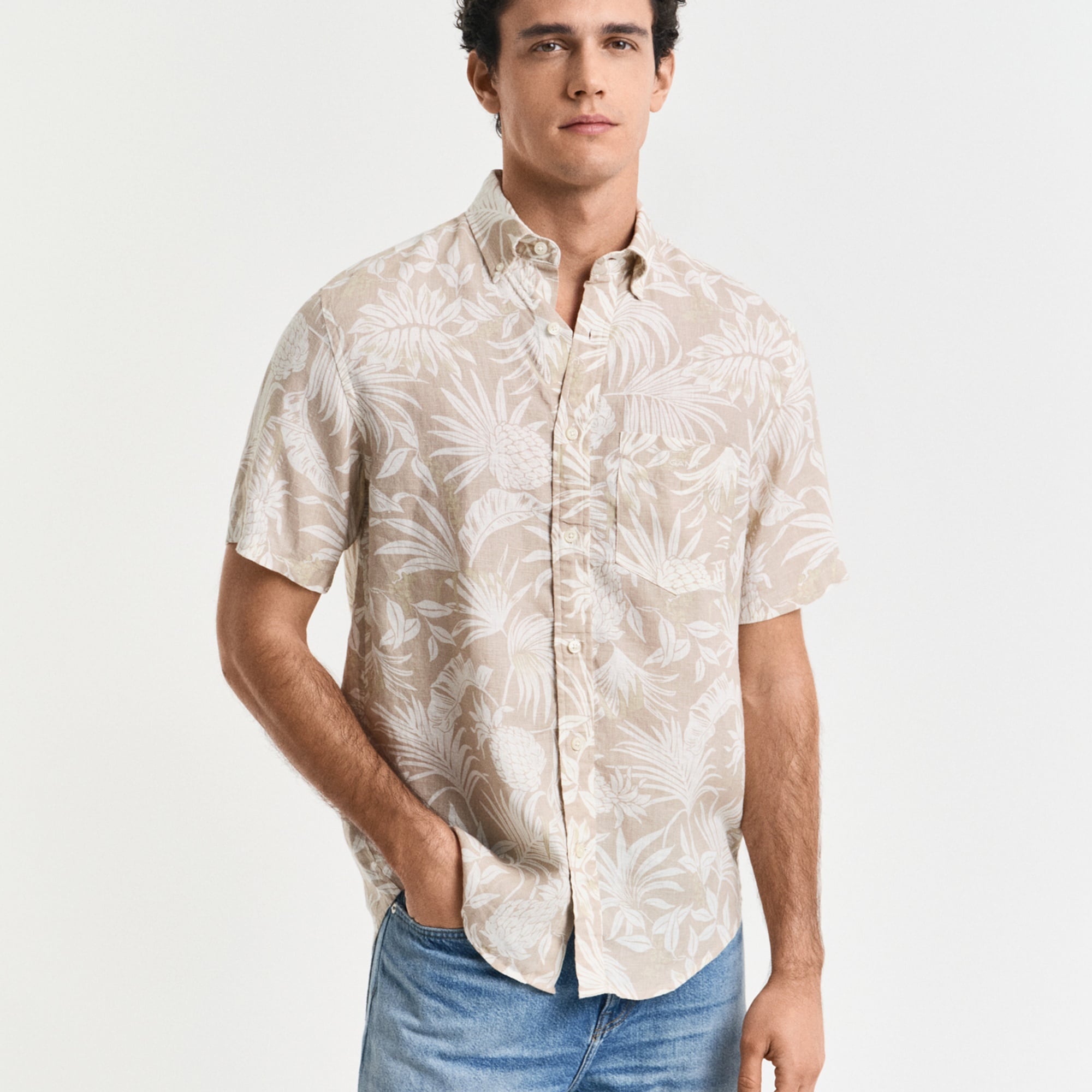 GANT Erkek Bej Regular Fit Düğmeli Yaka Desenli Gömlek