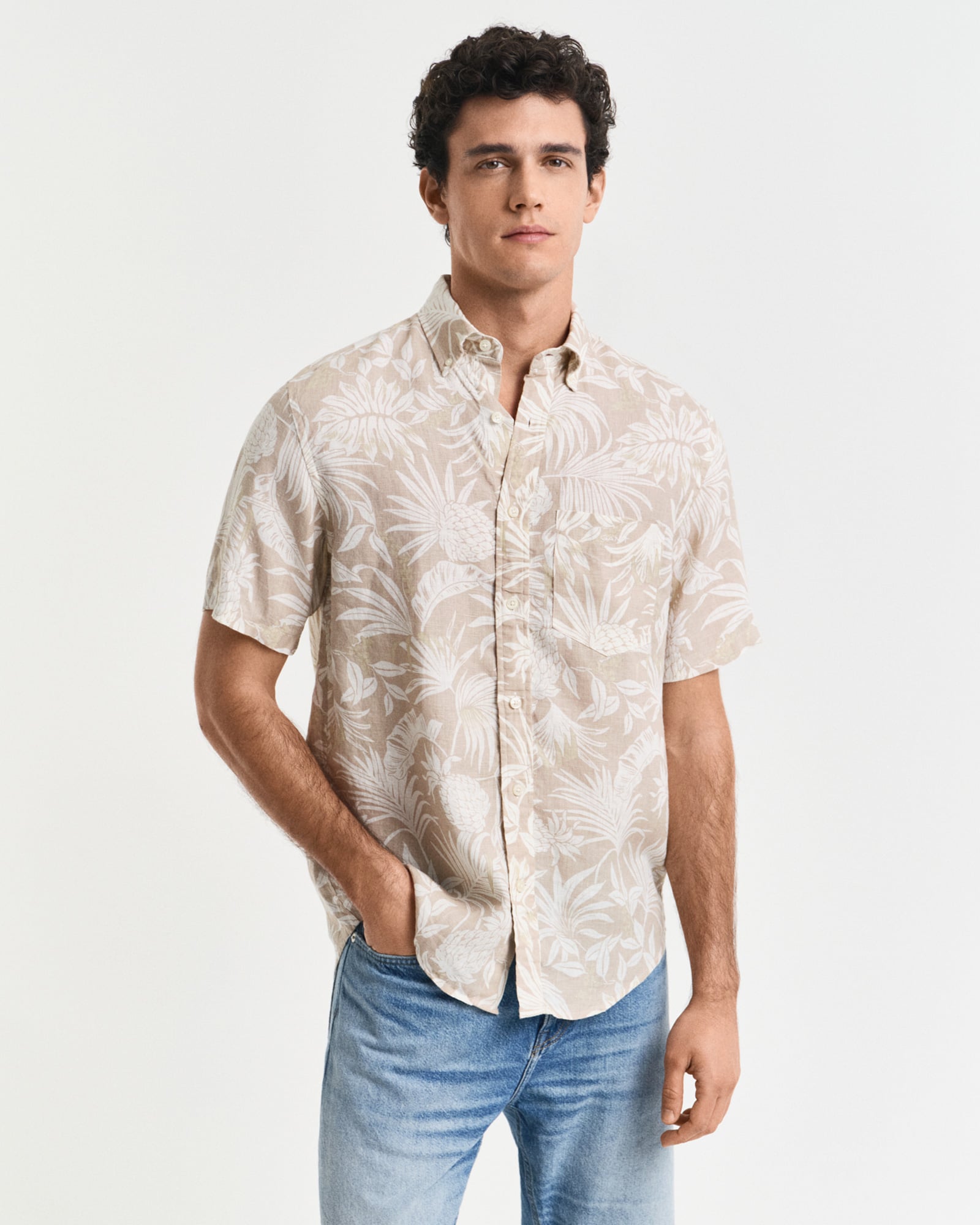  GANT Erkek Bej Regular Fit Düğmeli Yaka Desenli Gömlek