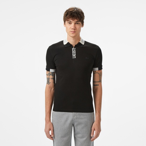  Lacoste Erkek Regular Fit Yarım Fermuarlı Baskılı Siyah Polo