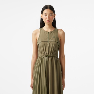  Kadın Flare Fit Kolsuz Bisiklet Yaka Haki Elbise