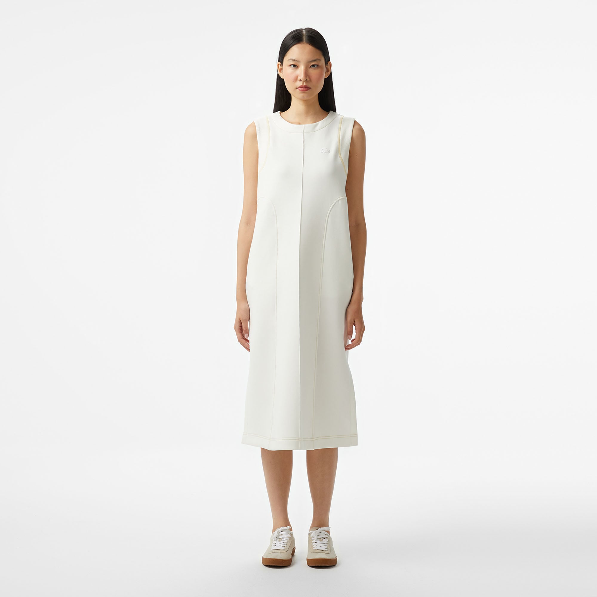  Kadın Relaxed Fit Kolsuz Bisiklet Yaka Beyaz Elbise