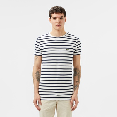  Lacoste Erkek Slim Fit Bisiklet Yaka Çizgili Beyaz T-Shirt