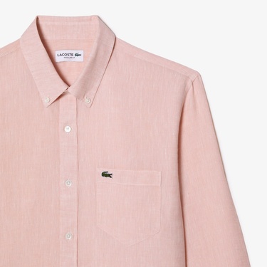  Lacoste Erkek Regular Fit Düğmeli Yaka Keten Açık Pembe Gömlek