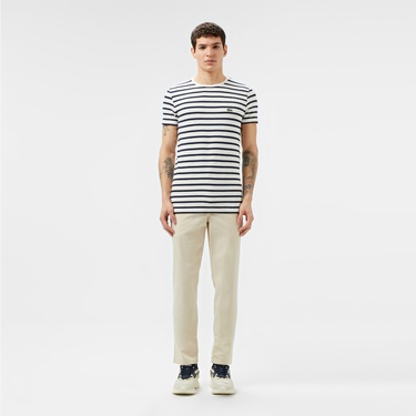  Lacoste Erkek Slim Fit Bisiklet Yaka Çizgili Beyaz T-Shirt