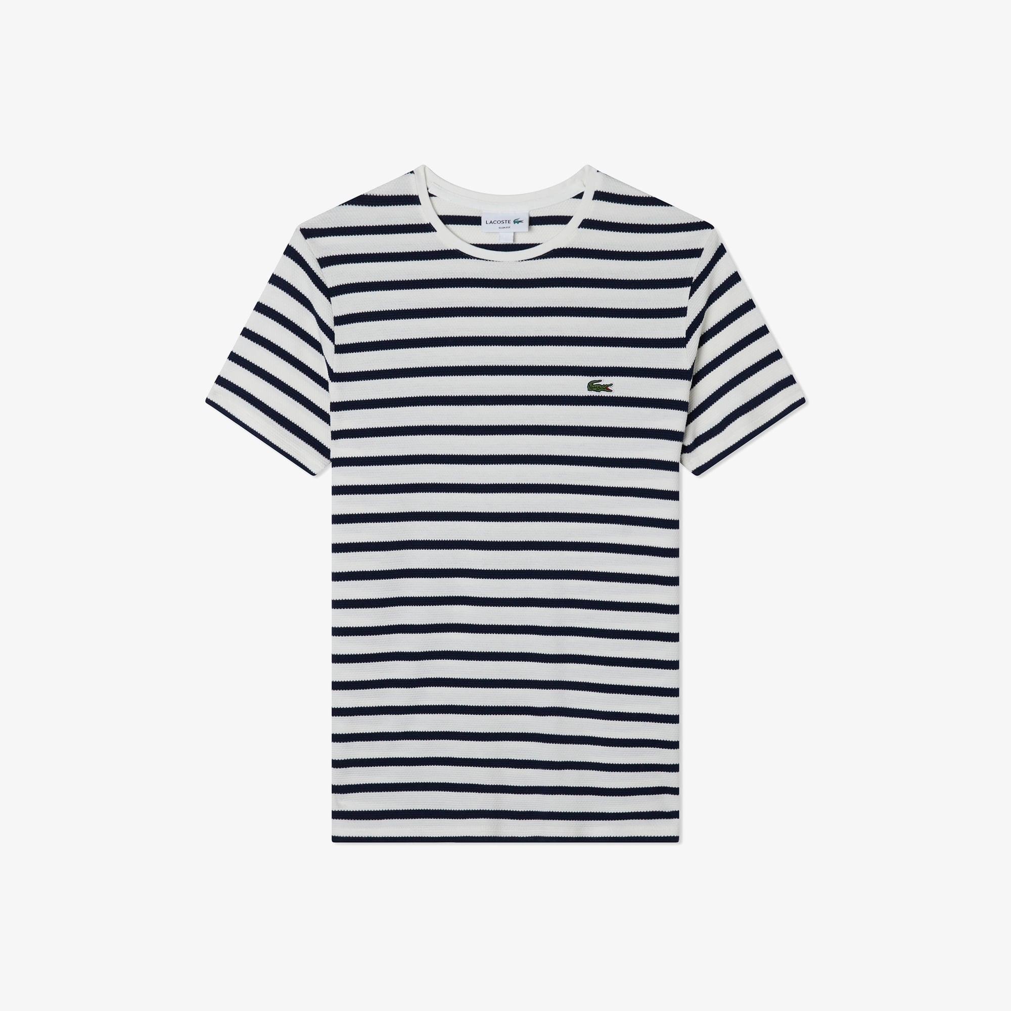 Lacoste Erkek Slim Fit Bisiklet Yaka Çizgili Beyaz T-Shirt
