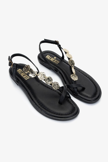  Valmenti Kadın Hakiki Deri Siyah Deri Parmak Arası Sandalet