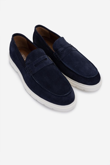  Valmenti Erkek Hakiki Deri Lacivert Süet Loafer Ayakkabı