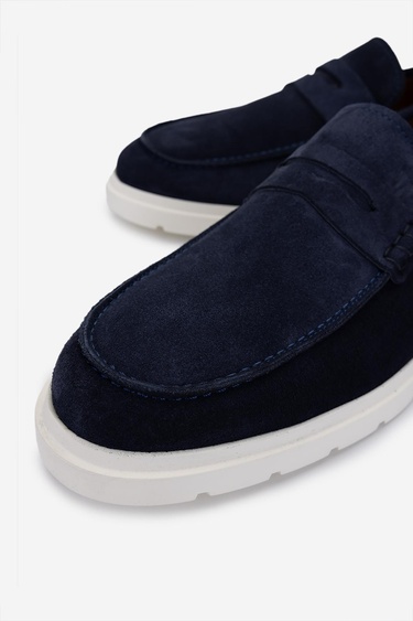  Valmenti Erkek Hakiki Deri Lacivert Süet Loafer Ayakkabı