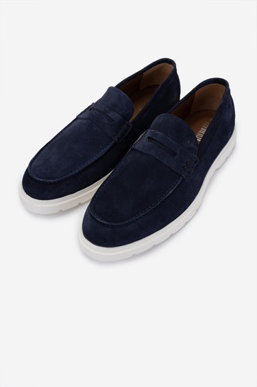 Valmenti Erkek Hakiki Deri Lacivert Süet Loafer Ayakkabı