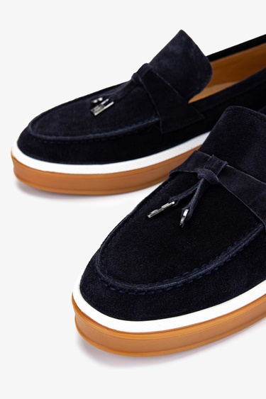  Valmenti Erkek Hakiki Deri Lacivert Süet Loafer Ayakkabı