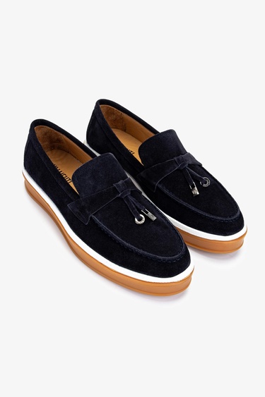  Valmenti Erkek Hakiki Deri Lacivert Süet Loafer Ayakkabı