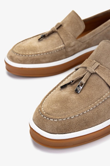  Valmenti Erkek Hakiki Deri Bisküvi Süet Loafer Ayakkabı