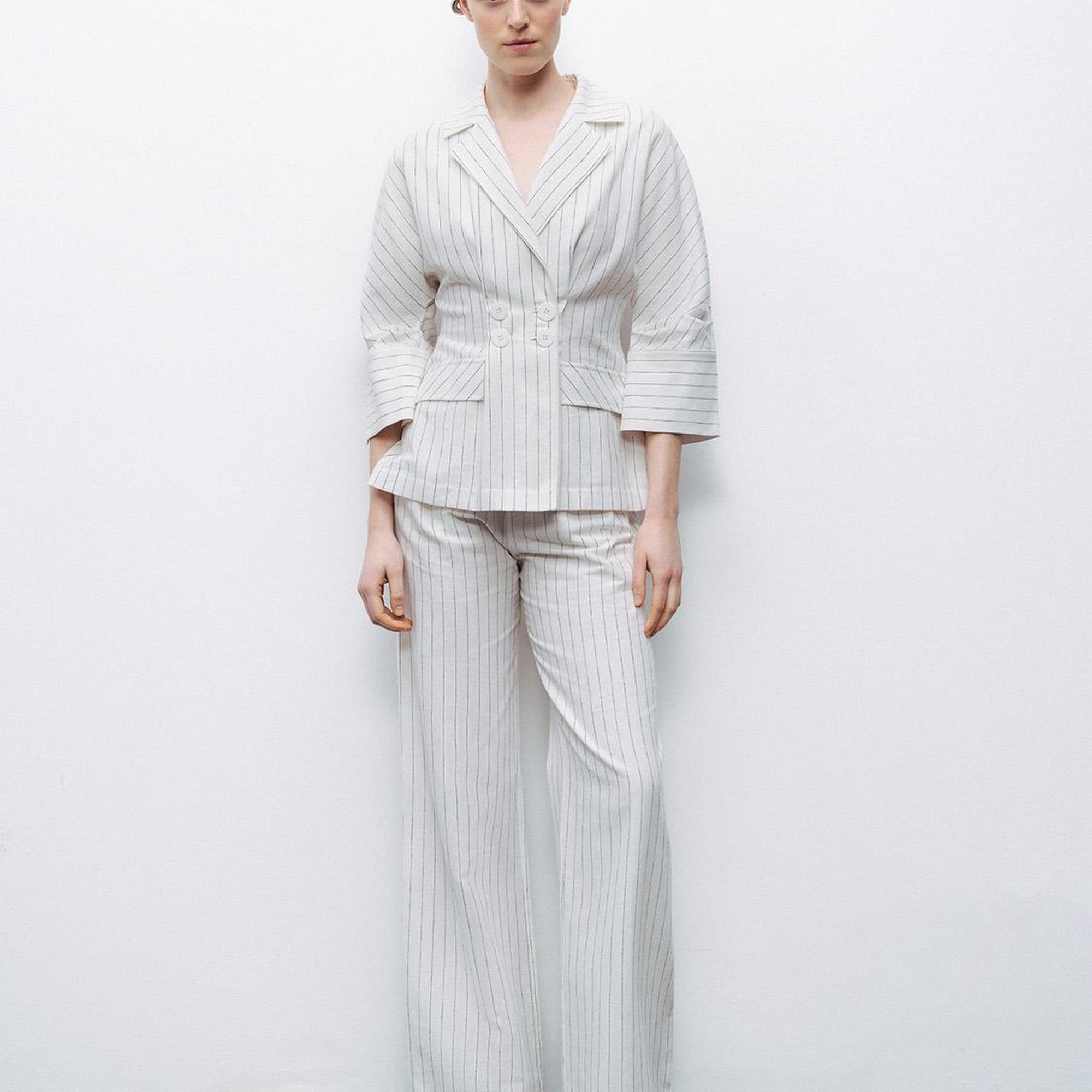 Çizgili Yüksek Bel Keten Pantolon