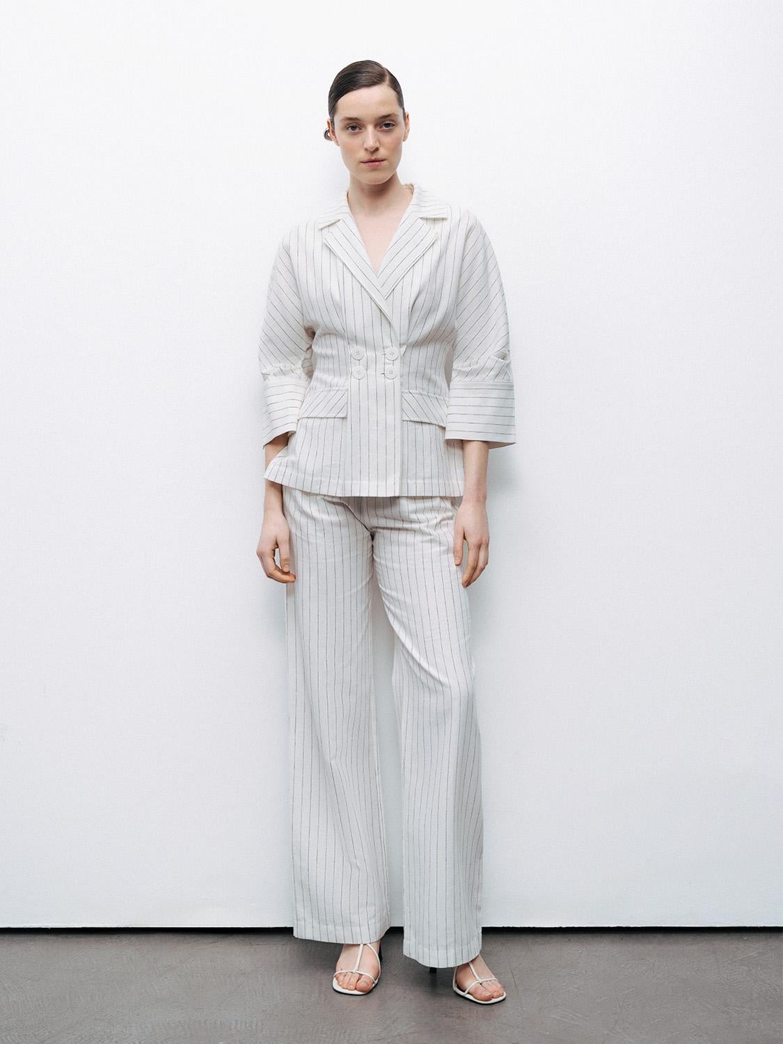  Çizgili Yüksek Bel Keten Pantolon