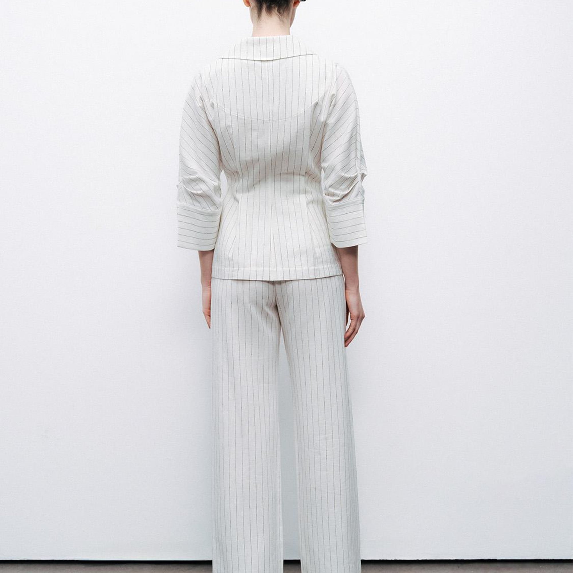 Çizgili Yüksek Bel Keten Pantolon