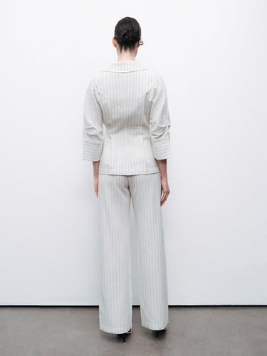  Çizgili Yüksek Bel Keten Pantolon