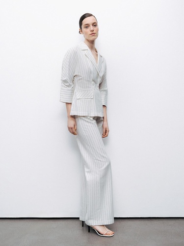  Çizgili Yüksek Bel Keten Pantolon