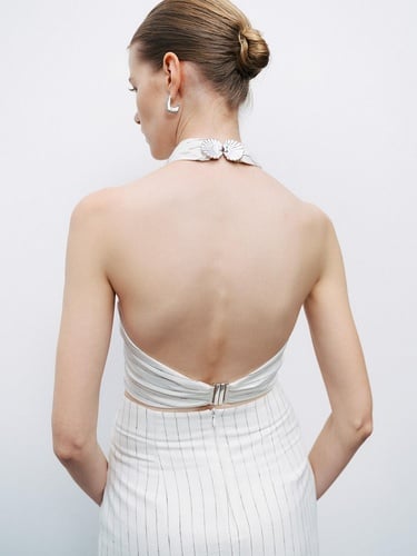  Boyundan Bağlamalı Keten Bluz