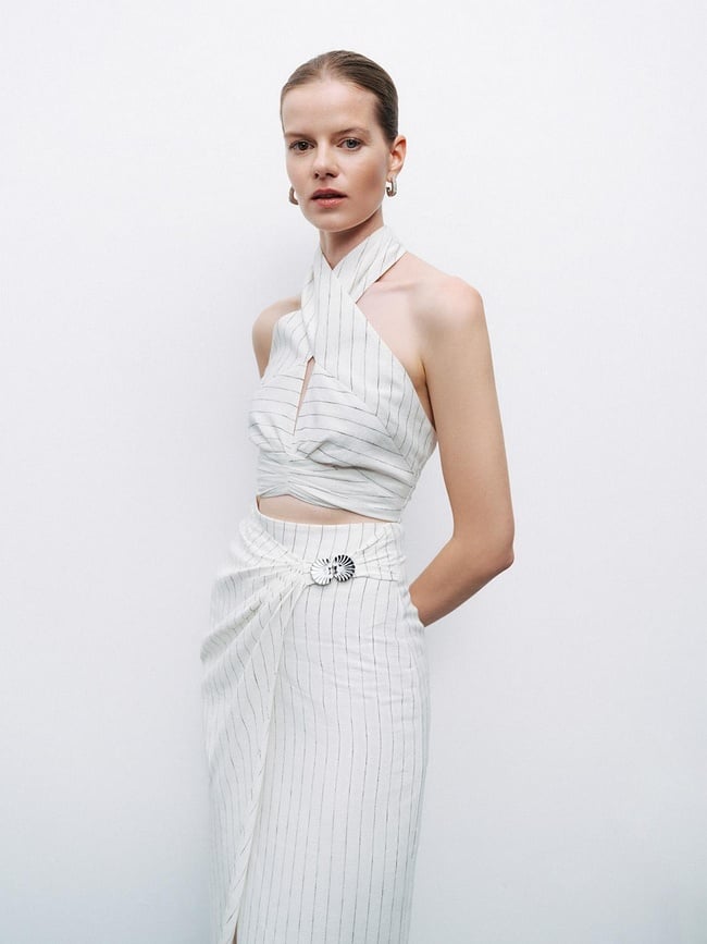  Boyundan Bağlamalı Keten Bluz