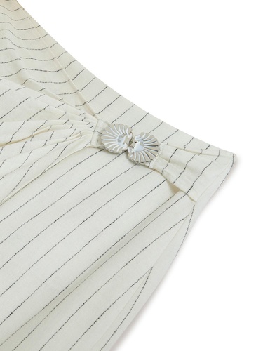  Metal Aksesuarlı Çizgili Keten Midi Etek