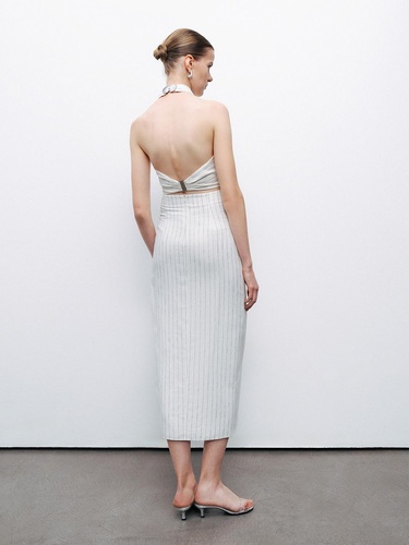  Metal Aksesuarlı Çizgili Keten Midi Etek