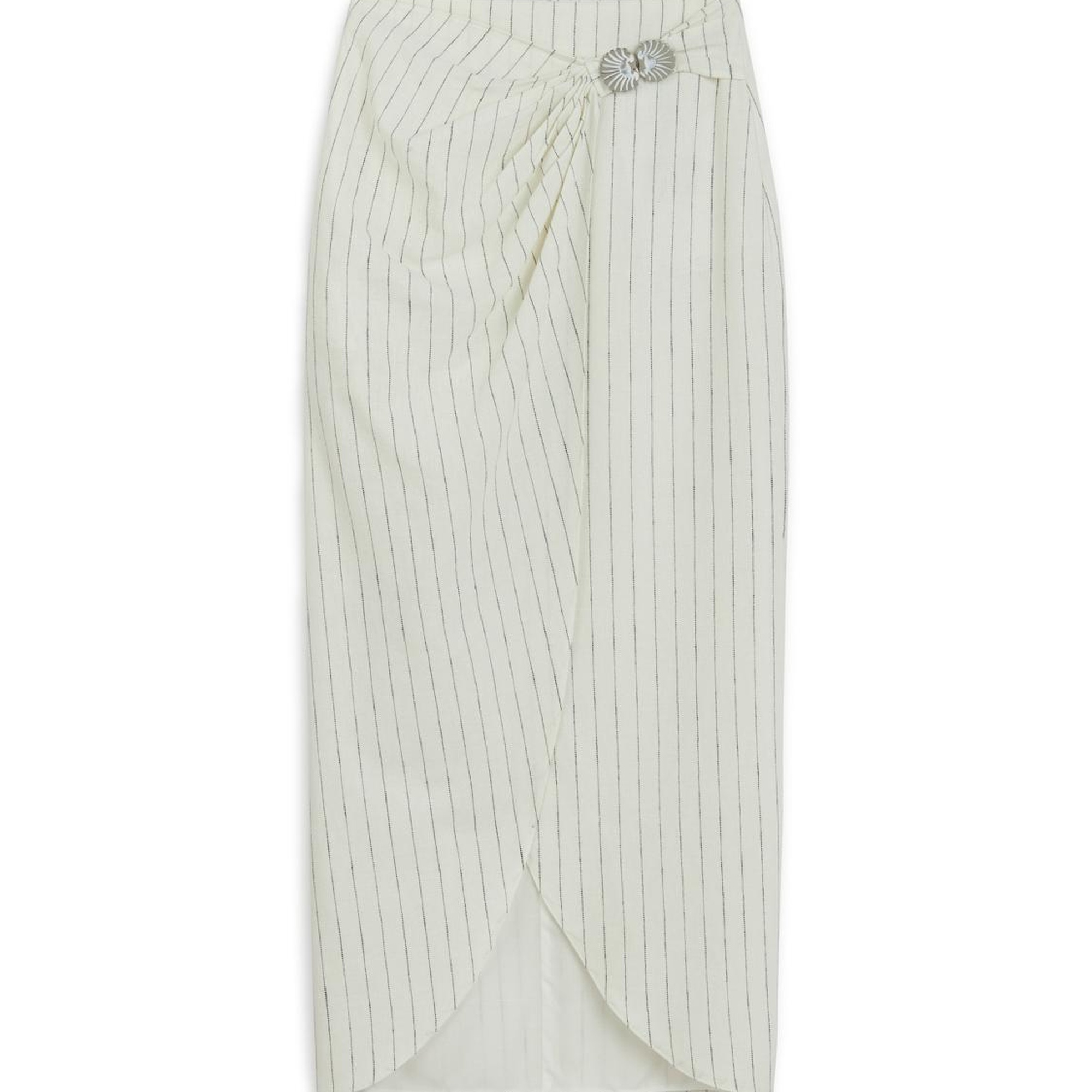 Metal Aksesuarlı Çizgili Keten Midi Etek