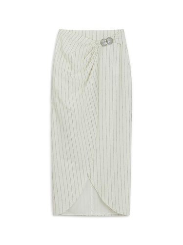  Metal Aksesuarlı Çizgili Keten Midi Etek