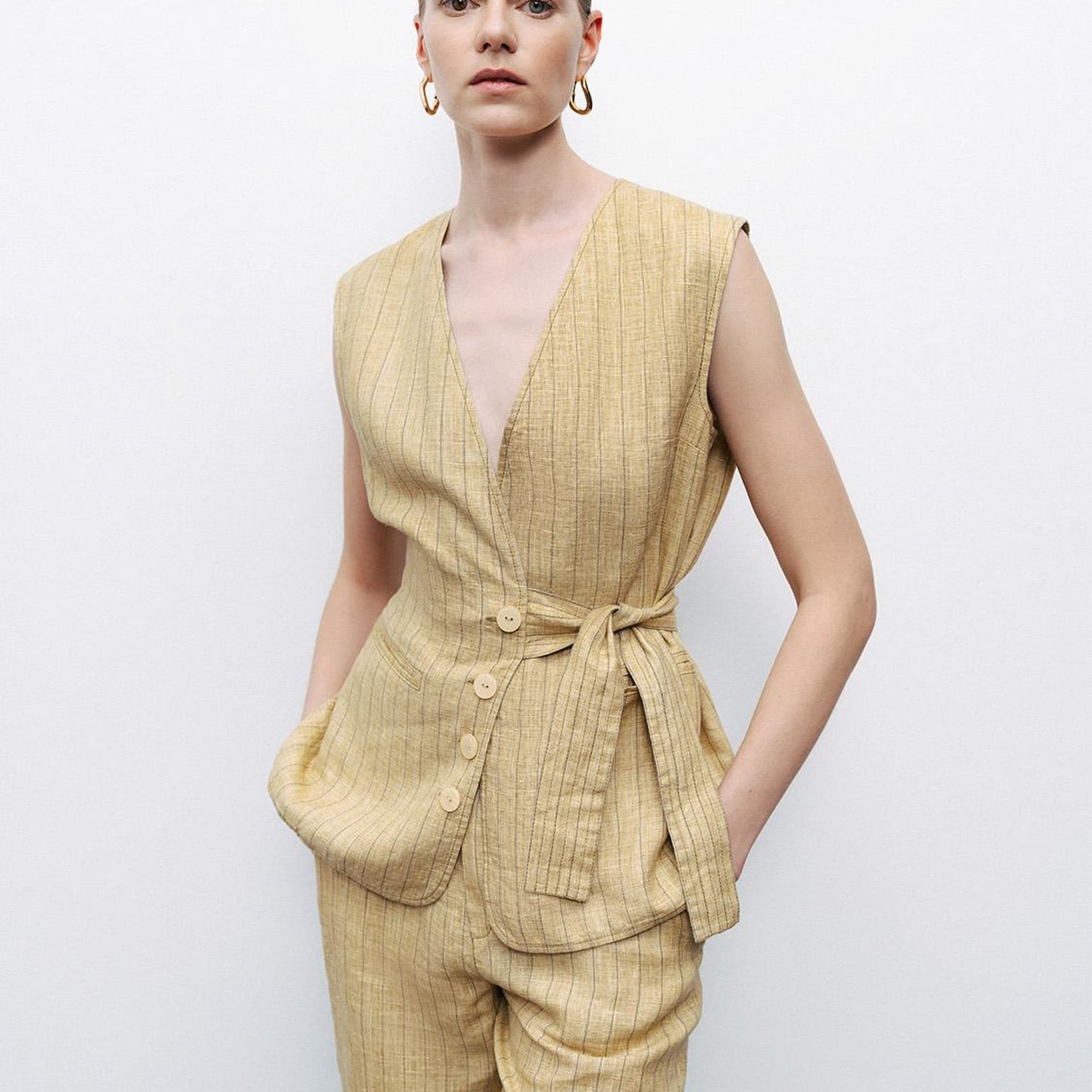 Bağlama Detaylı Keten Yelek