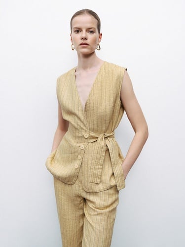  Bağlama Detaylı Keten Yelek