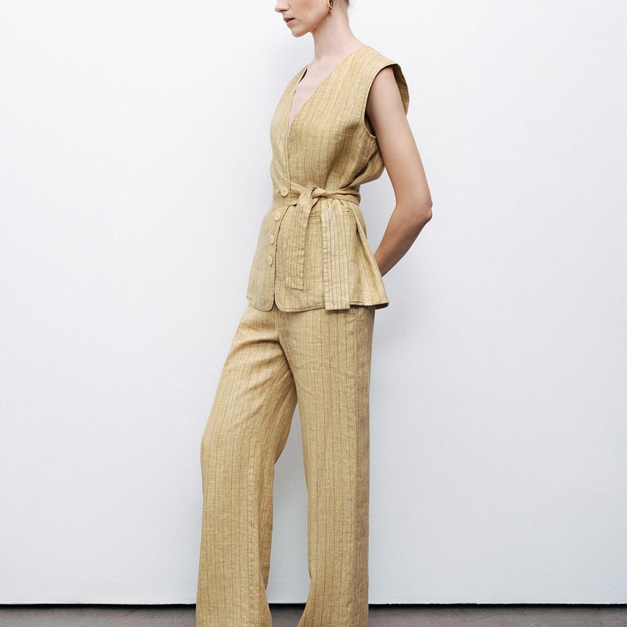 Bağlama Detaylı Keten Yelek