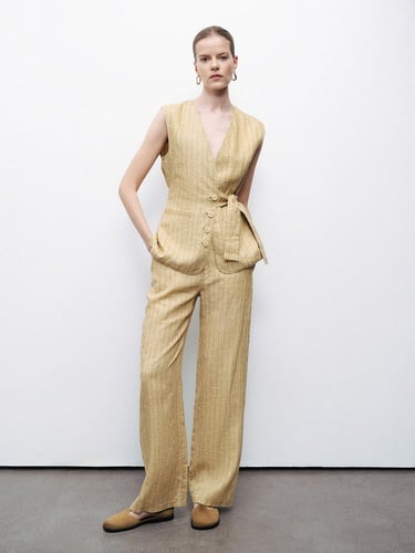  Bağlama Detaylı Keten Yelek