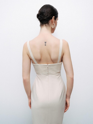  Brode Detaylı Keten Maxi Elbise