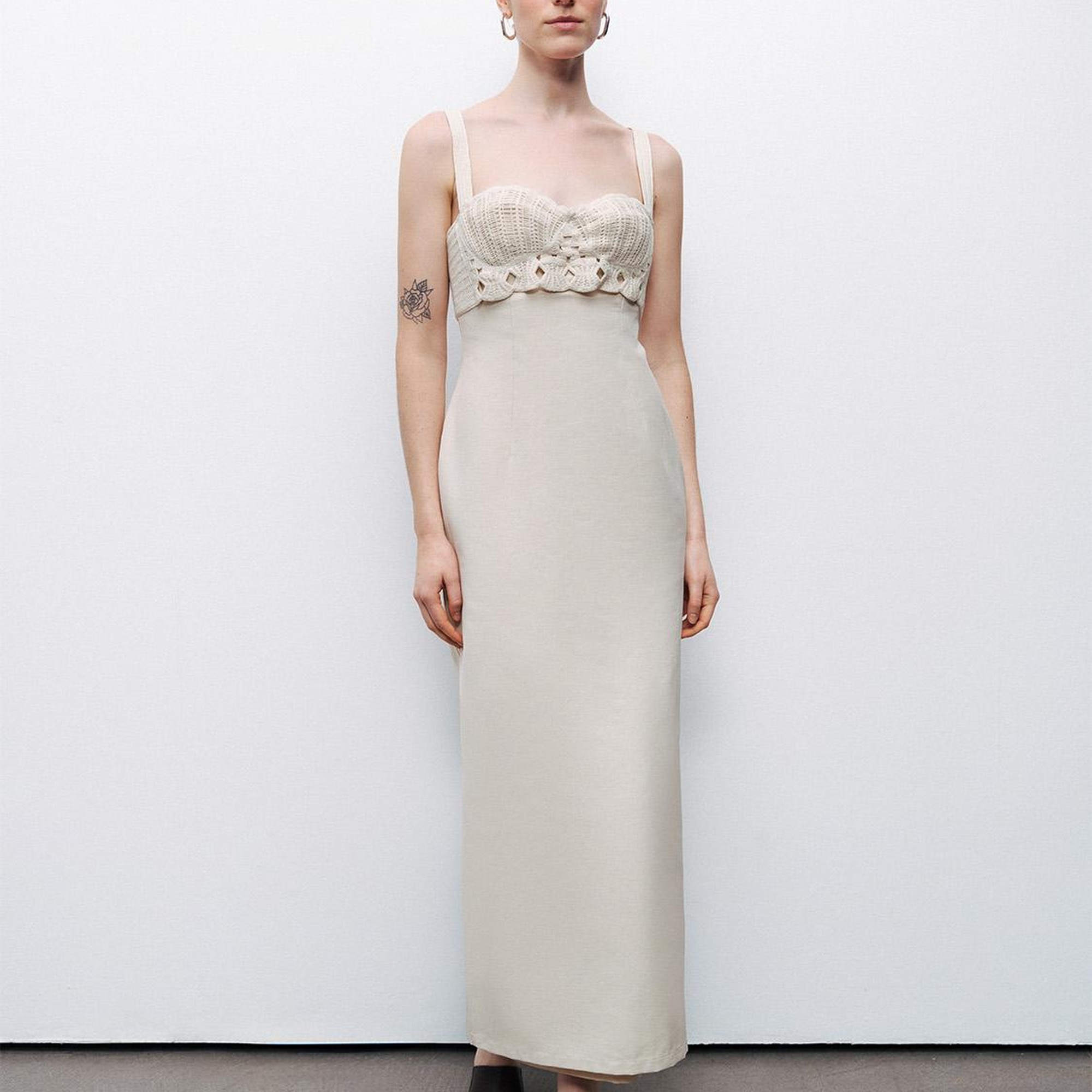 Brode Detaylı Keten Maxi Elbise