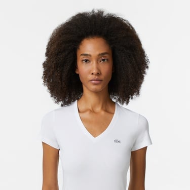 Lacoste Kadın Slim Fit V Yaka Beyaz T-Shirt
