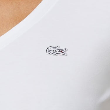  Lacoste Kadın Slim Fit V Yaka Beyaz T-Shirt