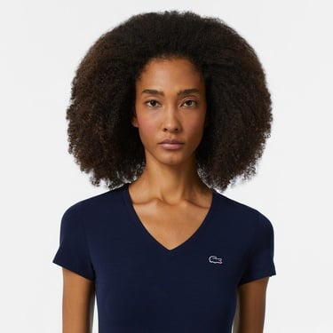  Lacoste Kadın Slim Fit V Yaka Lacivert T-Shirt