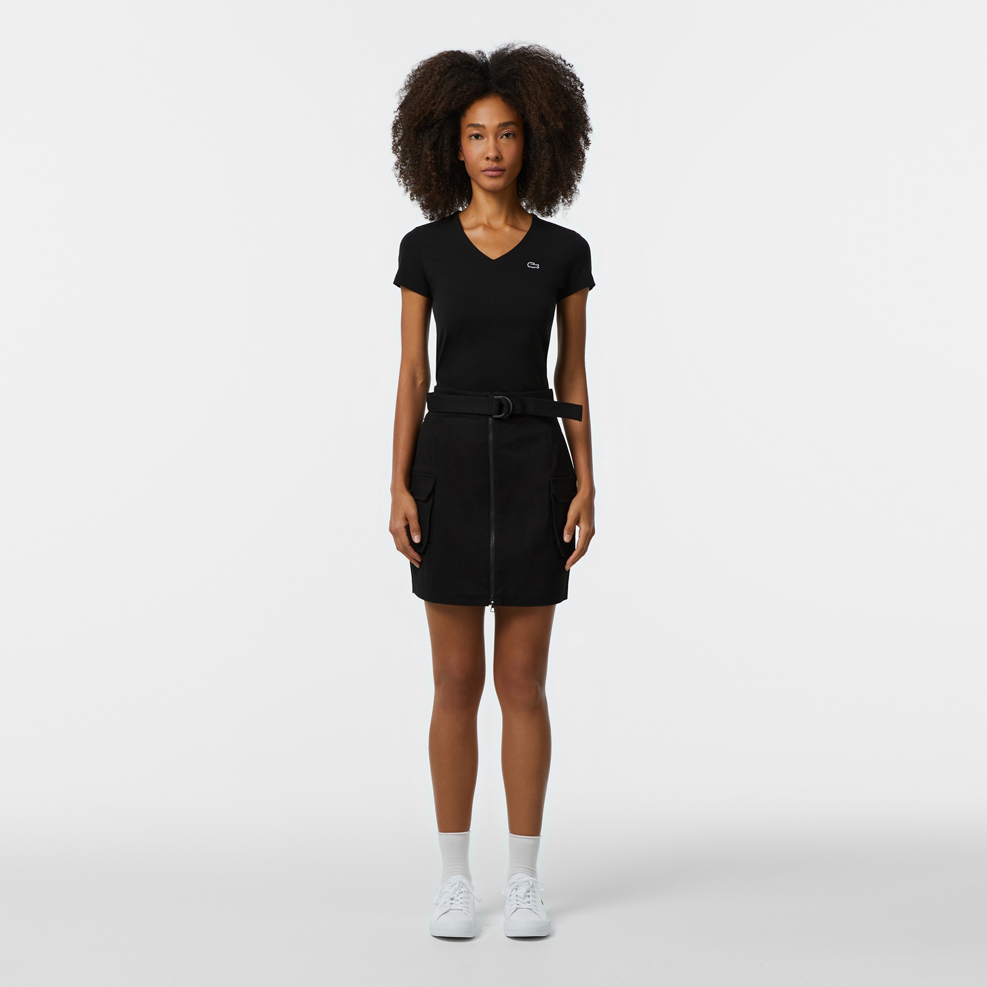 Lacoste Kadın Slim Fit V Yaka Siyah T-Shirt