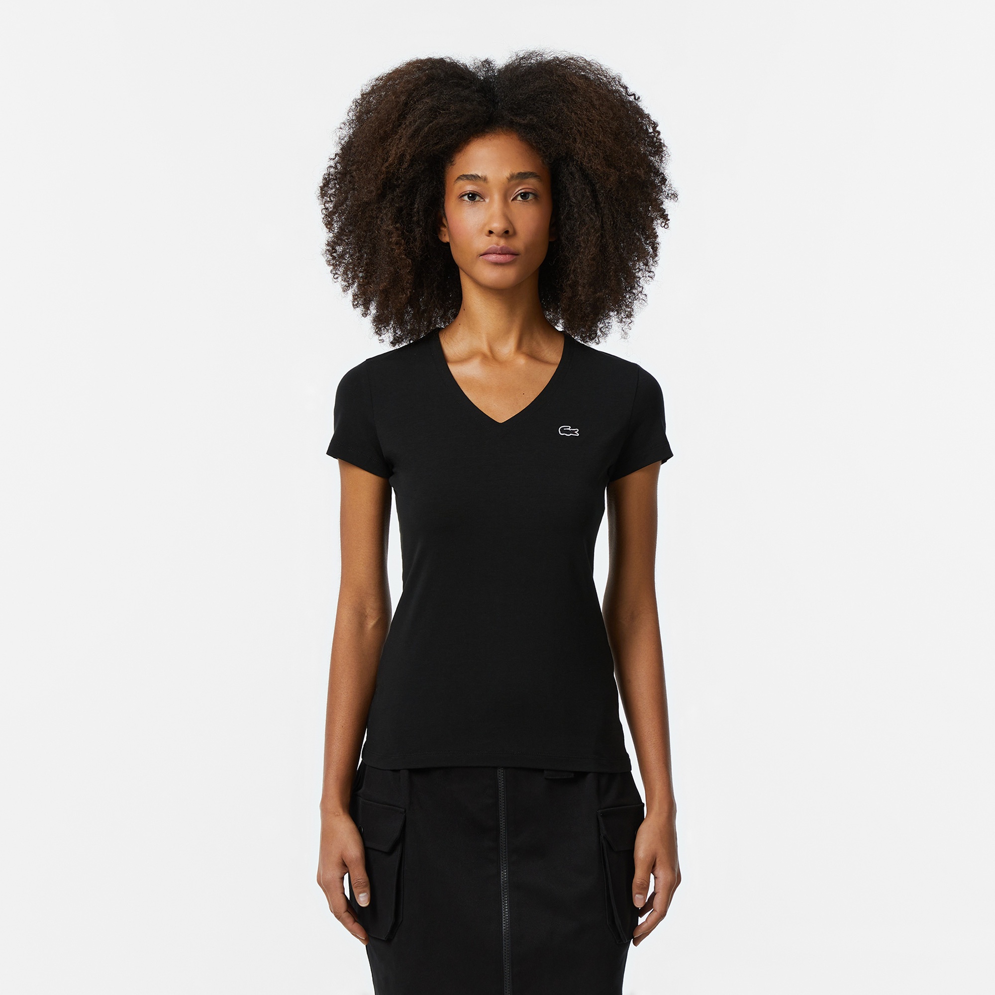 Lacoste Kadın Slim Fit V Yaka Siyah T-Shirt