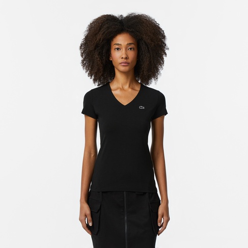  Lacoste Kadın Slim Fit V Yaka Siyah T-Shirt