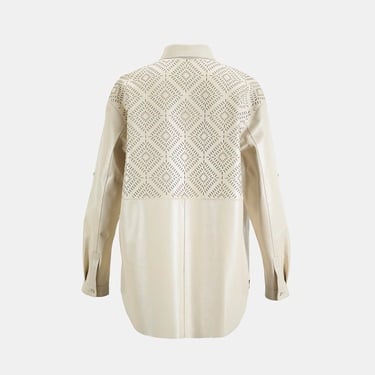  Kadın Beyaz Lazer Kesimli Geometrik Desenli Deri Gömlek