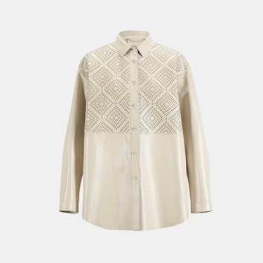  Kadın Beyaz Lazer Kesimli Geometrik Desenli Deri Gömlek