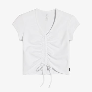  Converse Classic Kadın Slim Fit V Yaka Büzgülü Beyaz T-Shirt